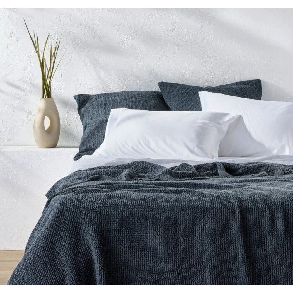 Queen Textured Waffle Coverlet Dark Mineral Blue - Casaluna NEW